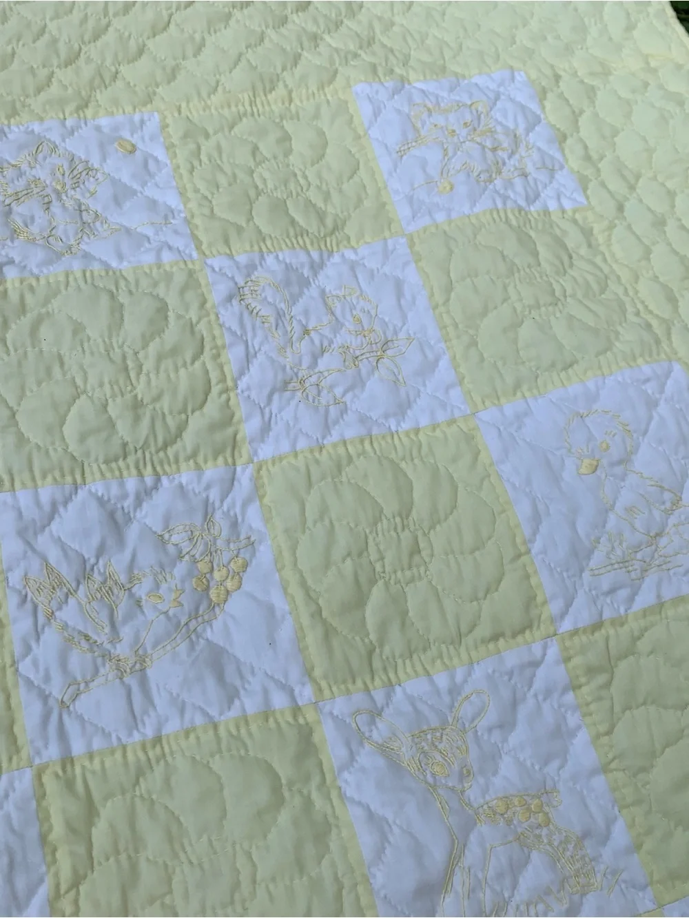 Pink and White Embroidered Baby Quilt - Cute Animal Patchwork handmade vintage